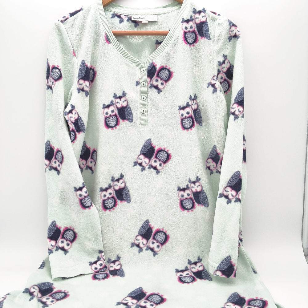 Breakfast In Bed Mint Green Fleece Owl Henley Nightgown - Picture 1 of 4